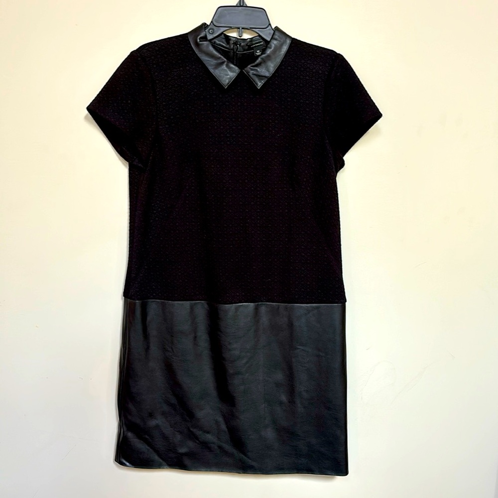 Mixed media collared black dress w/ faux leather collar and skirt size 10